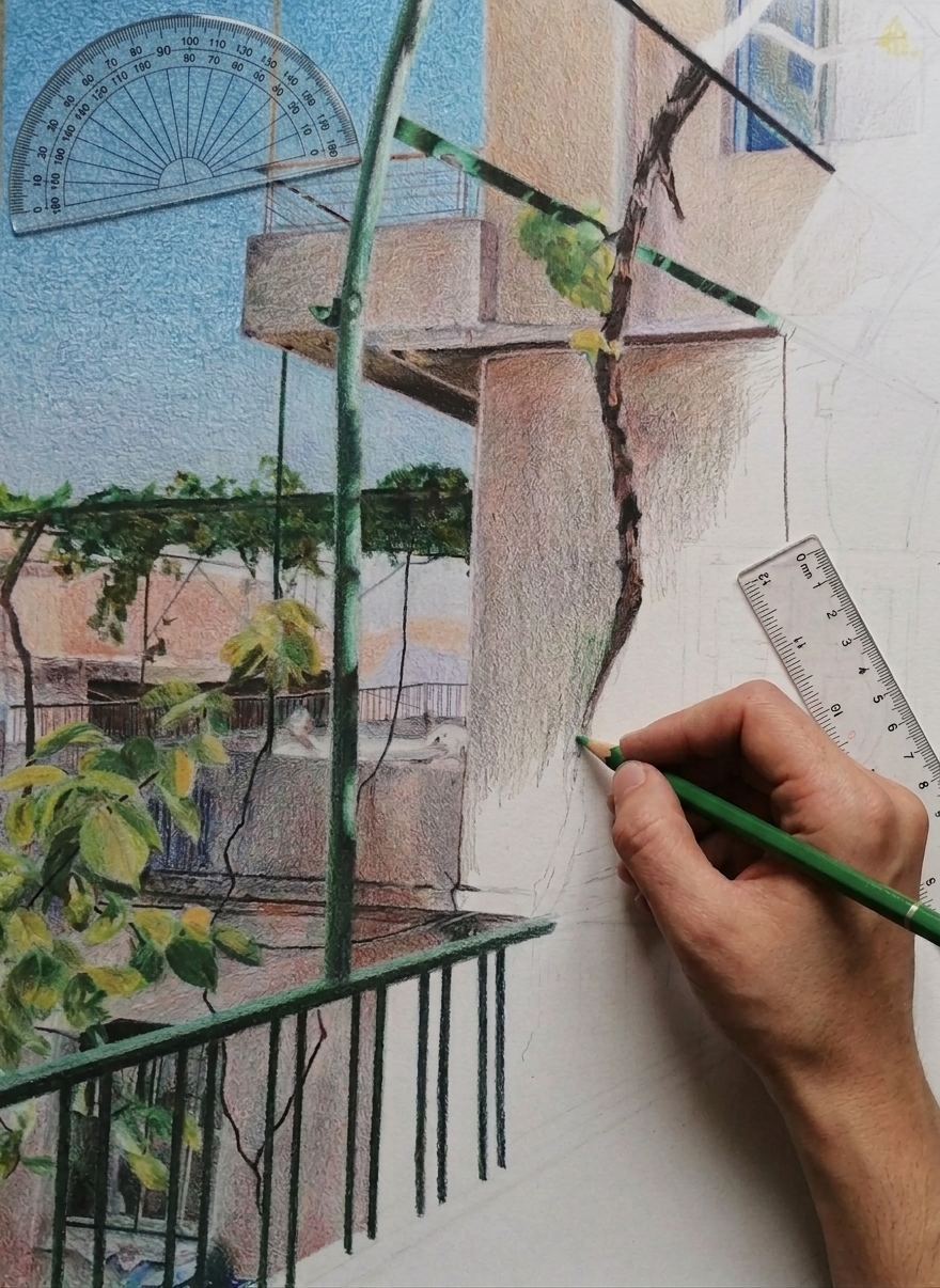 The same proportions carried into a coloured-pencil drawing in progress